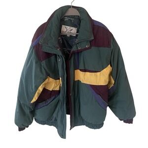 Down Women's Jacket XL Zip Puffer‎ Ski Multi color hood Vintage Y2K Heavy
